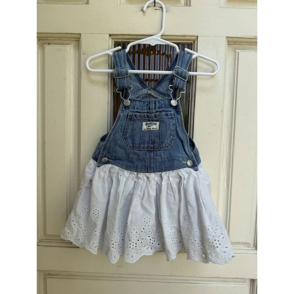 OshKosh B'gosh Baby Denim Eyelet Lace Overall Jumper Dress Blue White Size 18M